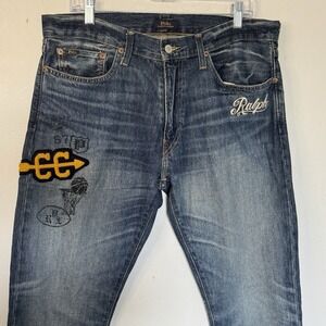 Polo Ralph Lauren Mens 33x30 Big & Tall Blue Varick Slim Straight Patch Jeans